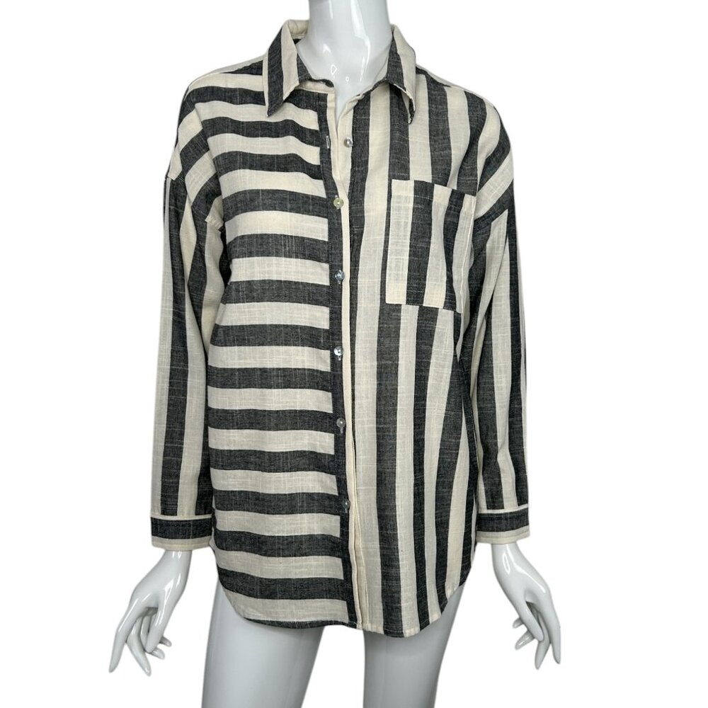 Women's Striped Shirt Small Cream Black Urban Daizy Vertical and Horizontal